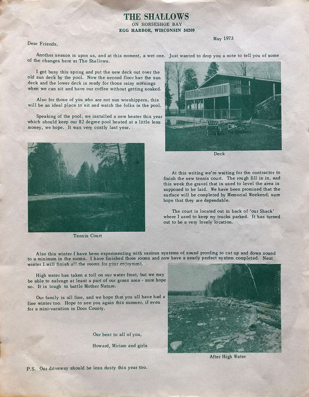 Vintage newsletter describing Shallows accommodations