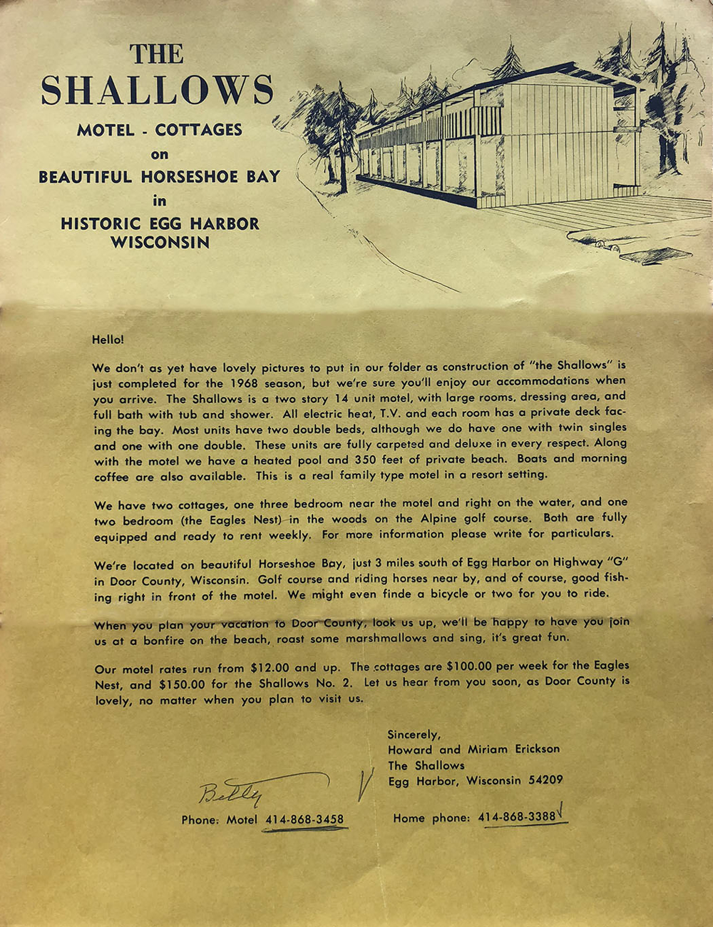 1968 letter from owners introducing the Shallows Resort