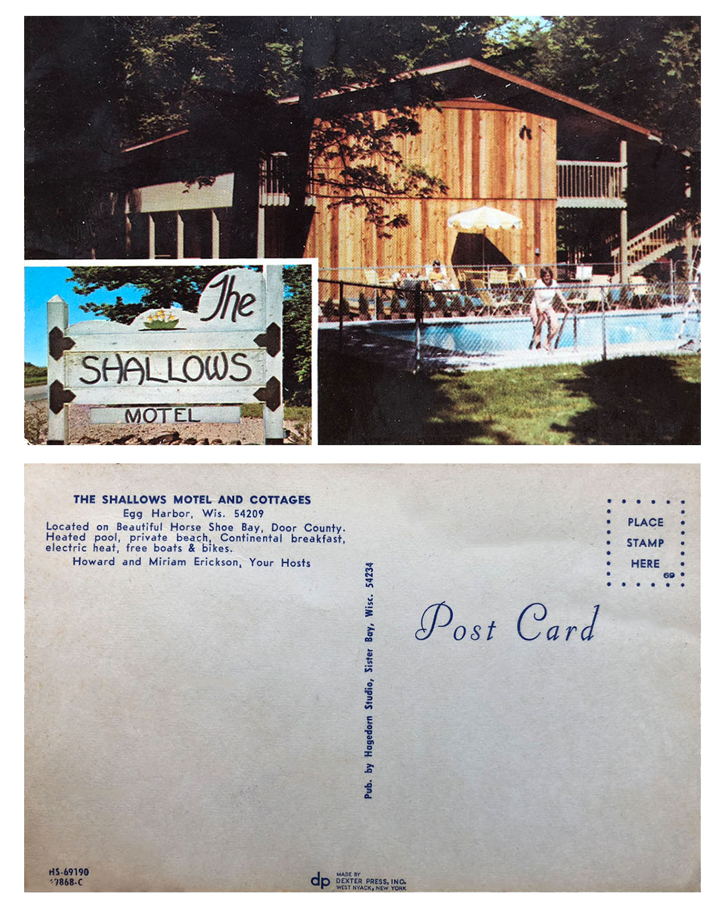 Vintage postcard of Shallows motel and sign