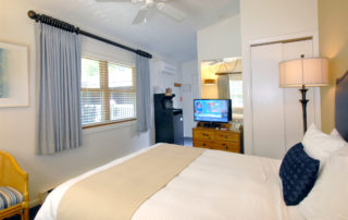 Woodview room interior with large bed, TV and window