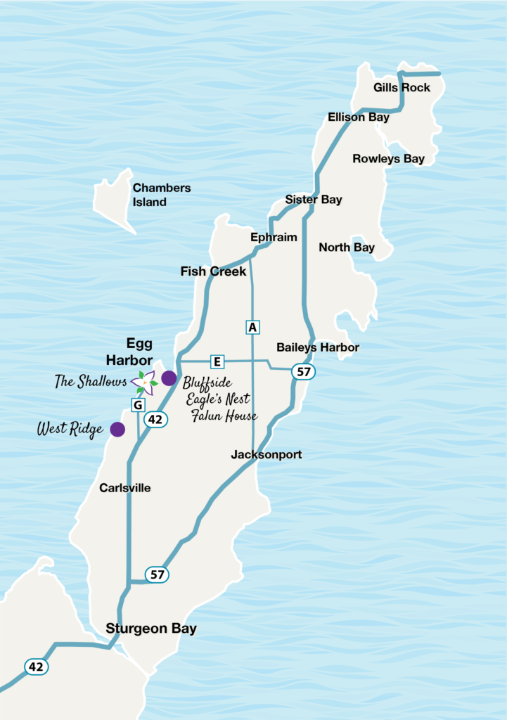 Illustrated map of Door County showing location of the Shallows Resort