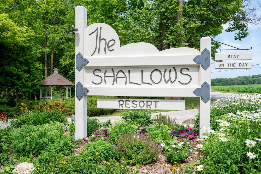The welcome sign at the Shallows Resort.