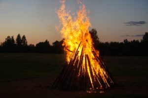 A large bonfire burning