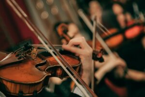 Closeup of an orchestra's violin section